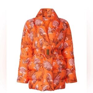 Rachel Antonoff Toni Orange Rooster Print Belted Puffer Coat S